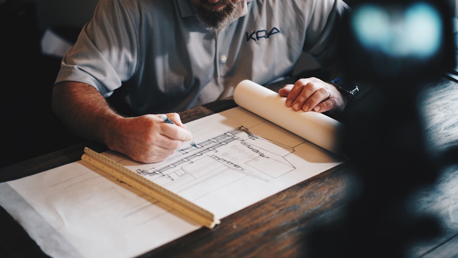 Design drawings and building plans on a work table